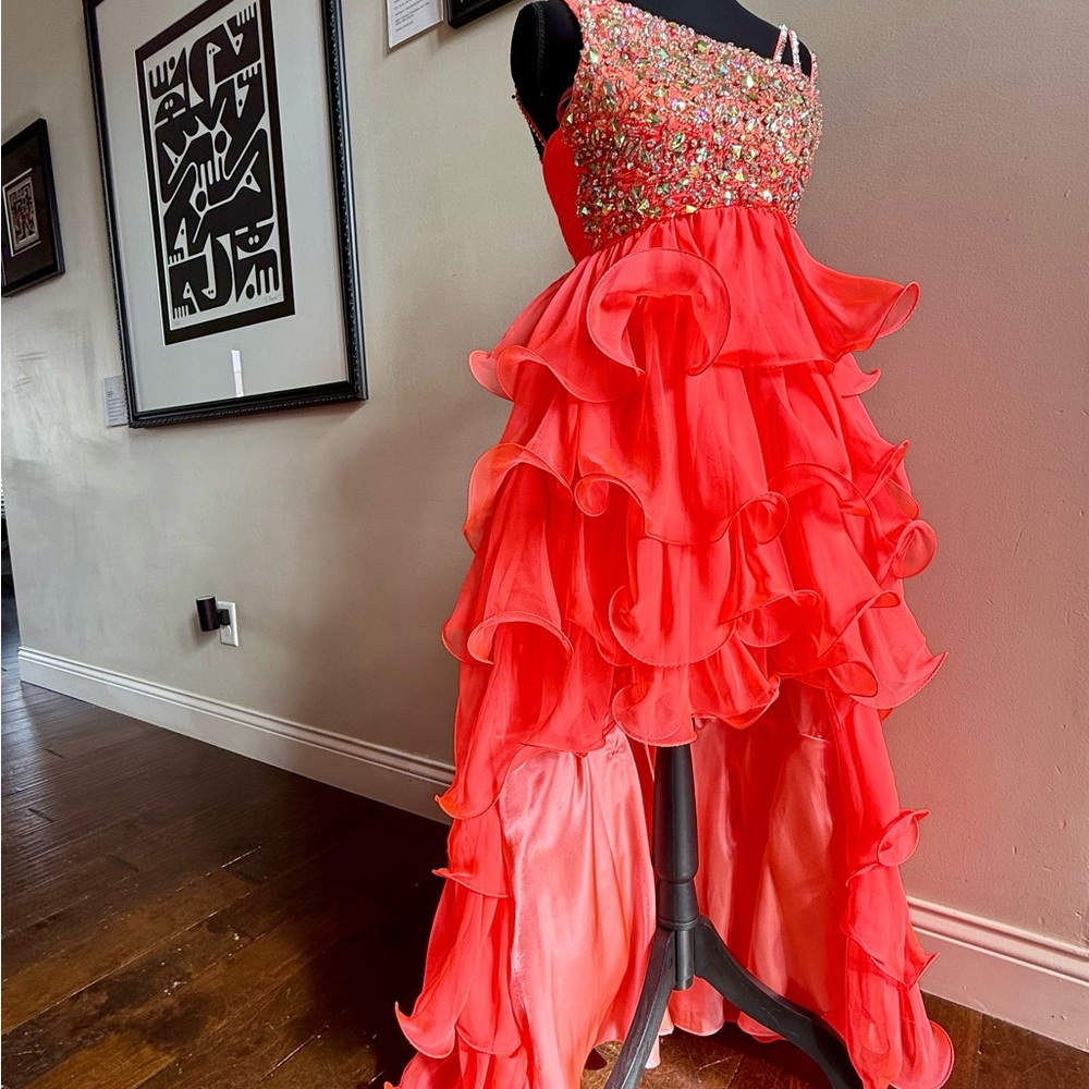 Mac Duggal Vibrant Coral Kids Formal gown - hi-lo style
